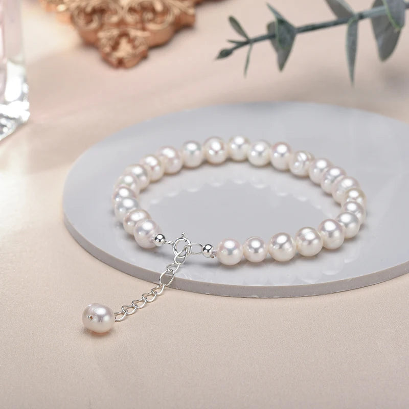 AA Freshwater Cultured Pearl Bracelet 6-8Mm With 925 Sterling Silver Charm