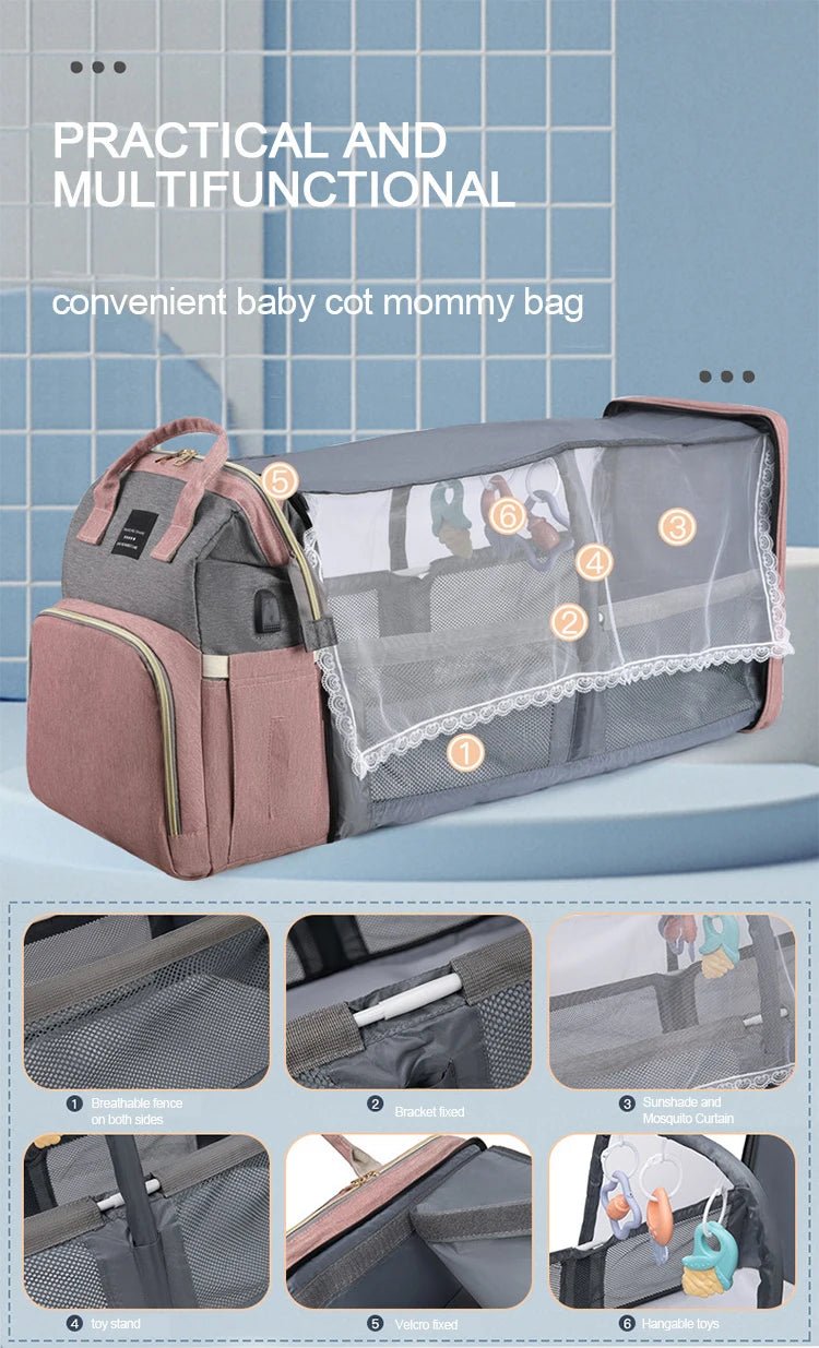 Baby Changing Nappy Bag With Crib - Diaper Nappy Stroller Bags for Baby - Maternity Bag Backpacks Crib Newborn - Regal Allure