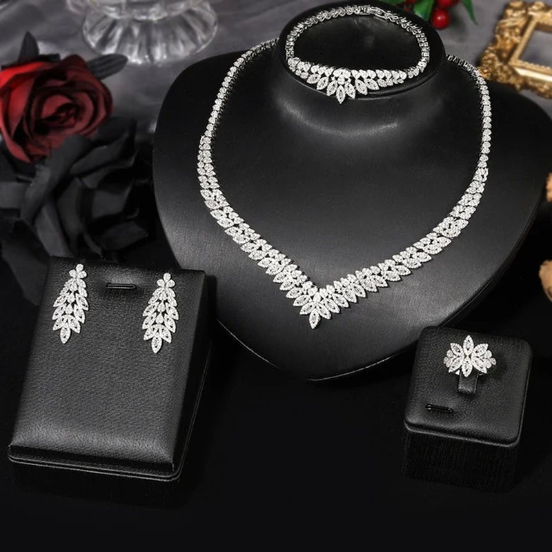 Bridal Wedding Jewellery 4 Pc Set - Cubic Zircon, Gold/ White 24k