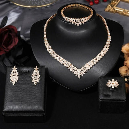 Bridal Wedding Jewellery 4 Pc Set - Cubic Zircon, Gold/ White 24k