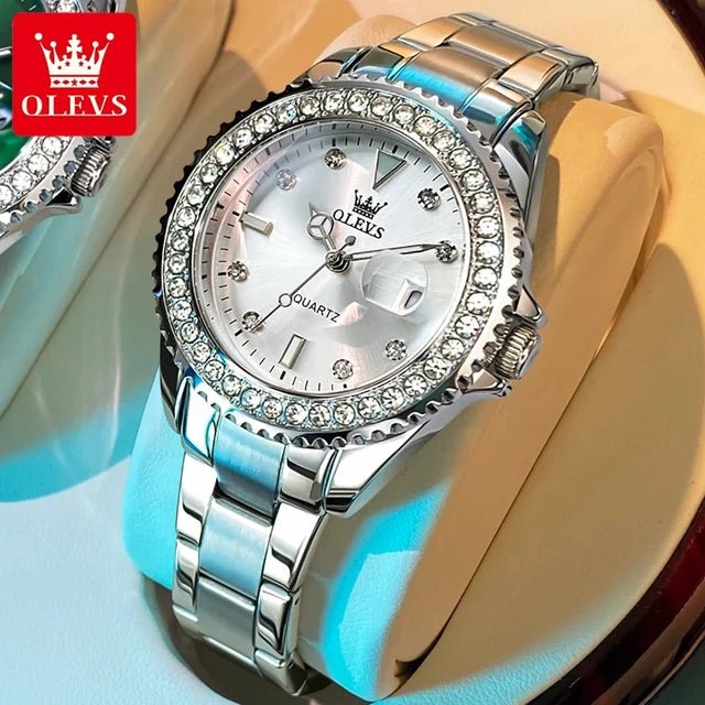 Diamond Dial Quartz Watch for Women Waterproof Olevs - Luminous Stainless Steel 