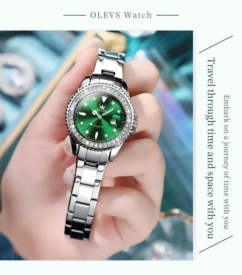 Diamond Dial Quartz Watch for Women Waterproof Olevs - Luminous Stainless Steel 