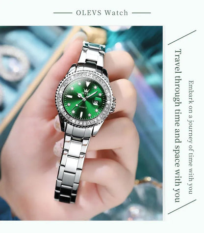 Diamond Dial Quartz Watch for Women Waterproof Olevs - Luminous Stainless Steel 