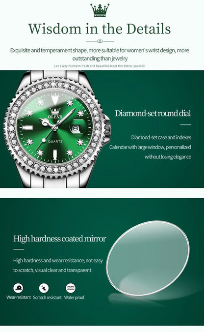 Diamond Dial Quartz Watch for Women Waterproof Olevs - Luminous Stainless Steel 