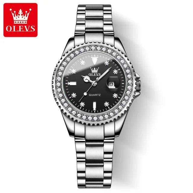 Diamond Dial Quartz Watch for Women Waterproof Olevs - Luminous Stainless Steel 