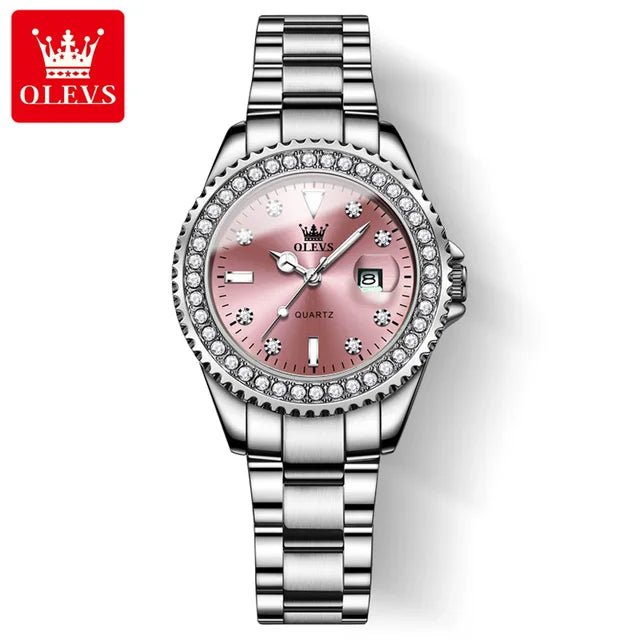 Diamond Dial Quartz Watch for Women Waterproof Olevs - Luminous Stainless Steel 