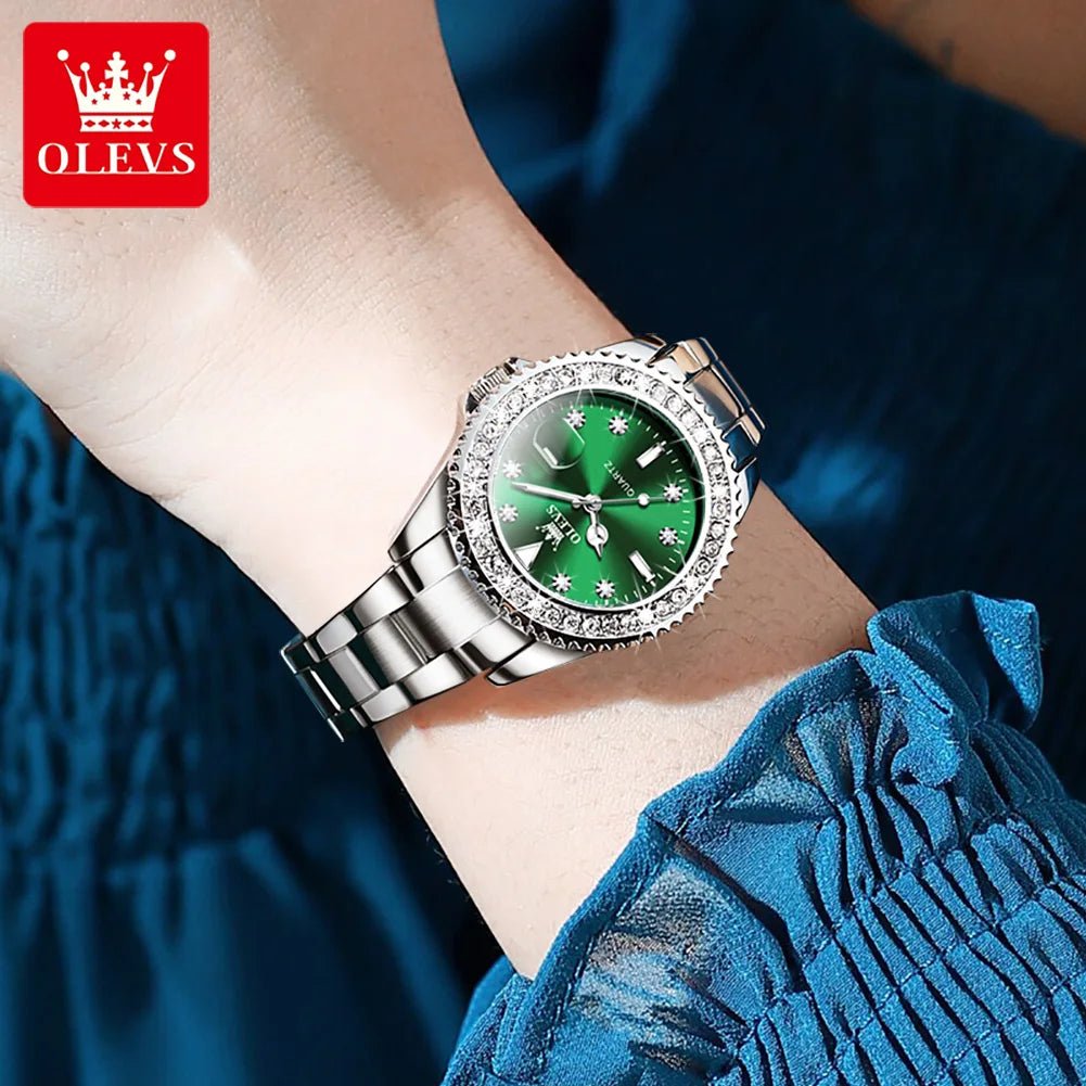 Diamond Dial Quartz Watch for Women Waterproof Olevs - Luminous Stainless Steel 