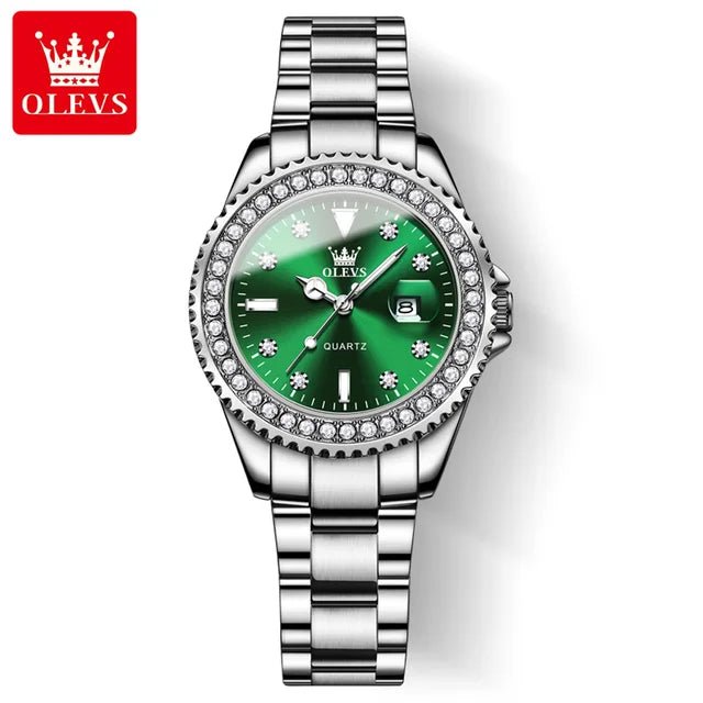 Diamond Dial Quartz Watch for Women Waterproof Olevs - Luminous Stainless Steel 