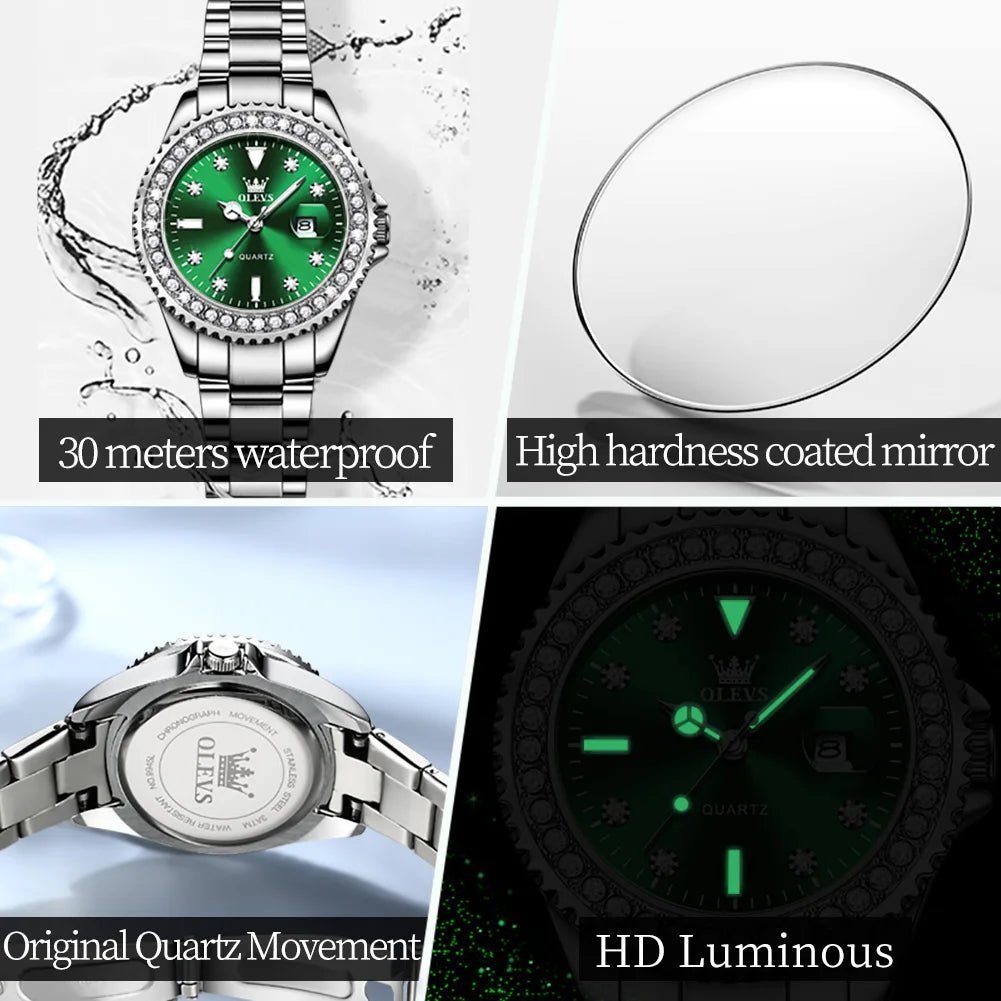 Diamond Dial Quartz Watch for Women Waterproof Olevs - Luminous Stainless Steel 