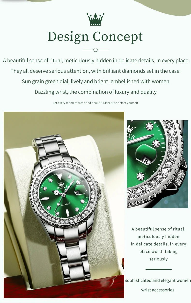 Diamond Dial Quartz Watch for Women Waterproof Olevs - Luminous Stainless Steel 