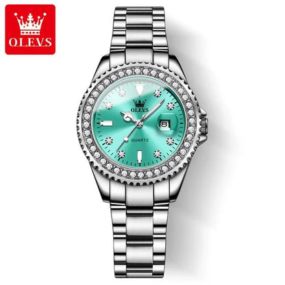 Diamond Dial Quartz Watch for Women Waterproof Olevs - Luminous Stainless Steel 