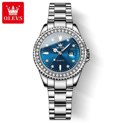 Diamond Dial Quartz Watch for Women Waterproof Olevs - Luminous Stainless Steel 