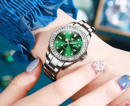 Diamond Dial Quartz Watch for Women Waterproof Olevs - Luminous Stainless Steel 