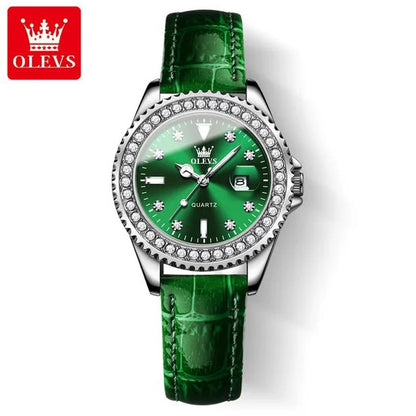 Diamond Dial Quartz Watch for Women Waterproof Olevs - Luminous Stainless Steel 