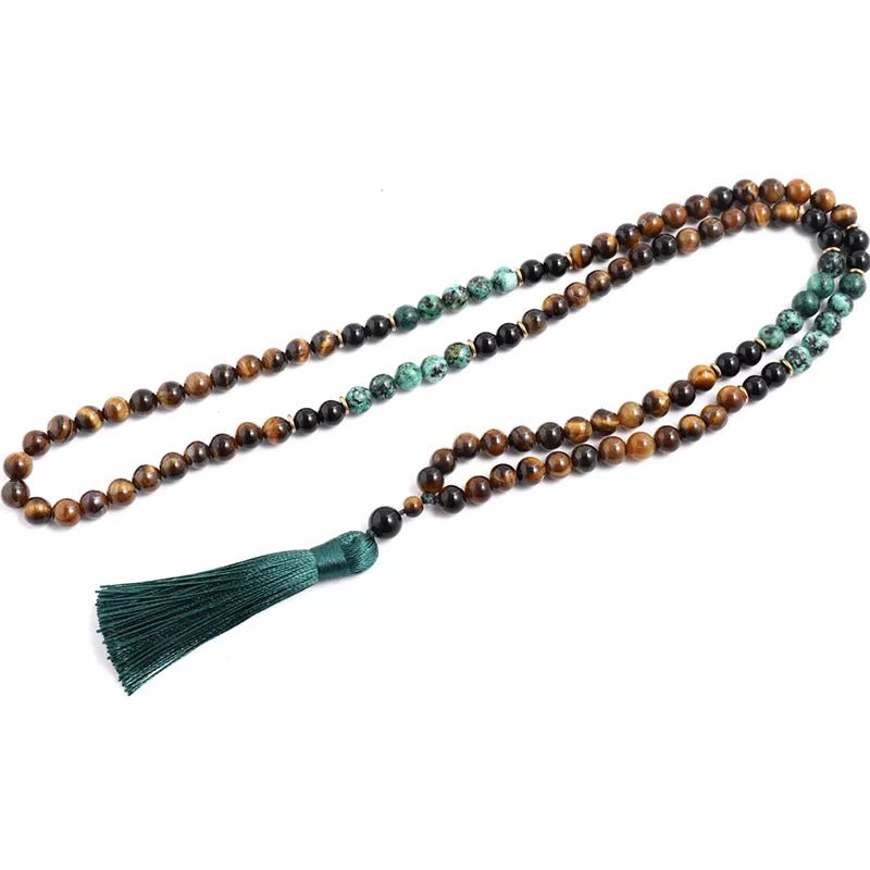 Japamala 108 Natural Yellow Tiger Eye, Turquoise and Black Onyx Stone With Tassel - Regal Allure