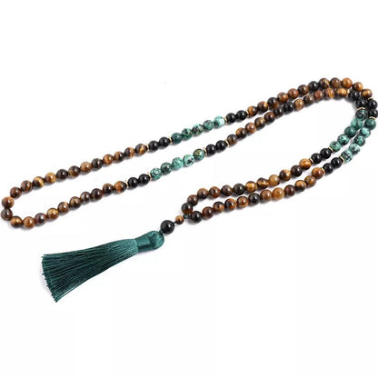 Japamala 108 Natural Yellow Tiger Eye, Turquoise and Black Onyx Stone With Tassel - Regal Allure