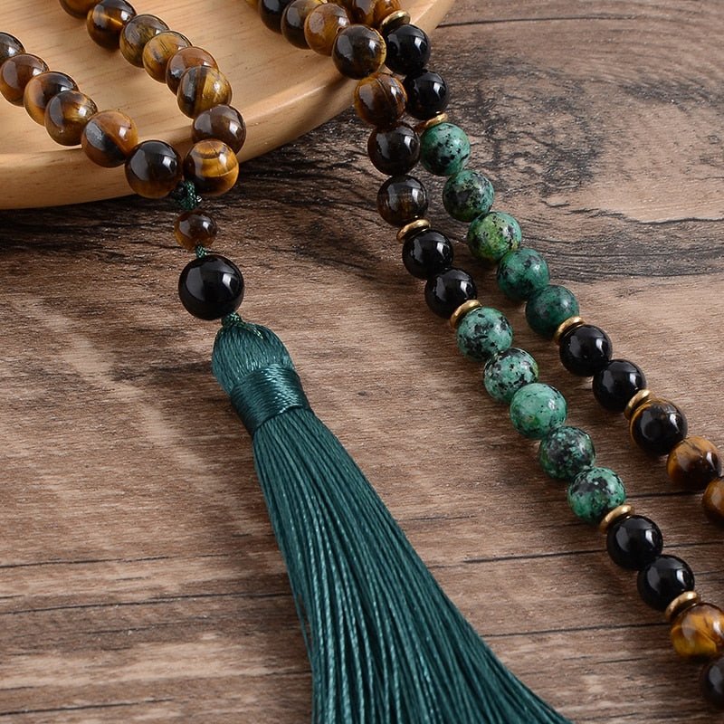 Japamala 108 Natural Yellow Tiger Eye, Turquoise and Black Onyx Stone With Tassel - Regal Allure