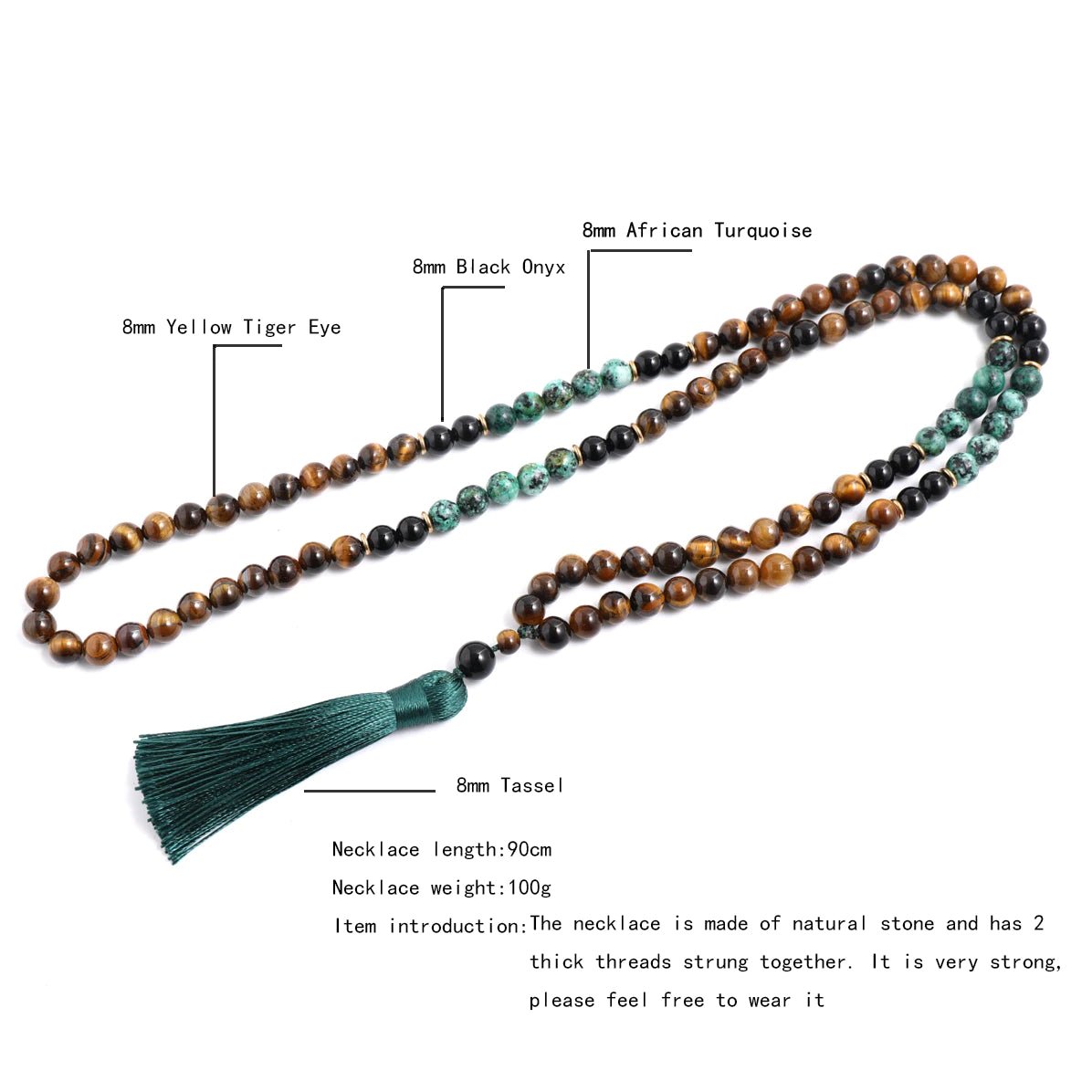 Japamala 108 Natural Yellow Tiger Eye, Turquoise and Black Onyx Stone With Tassel - Regal Allure