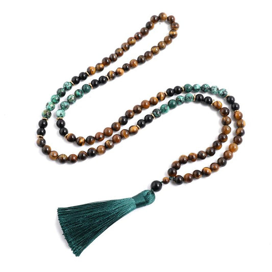 Japamala 108 Natural Yellow Tiger Eye, Turquoise and Black Onyx Stone With Tassel - Regal Allure