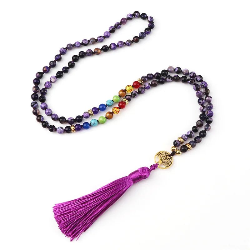 Knotted Japamala 108 - Natural Stones With Tassel - 7 Chakra Reiki - Regal Allure