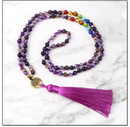 Knotted Japamala 108 - Natural Stones With Tassel - 7 Chakra Reiki