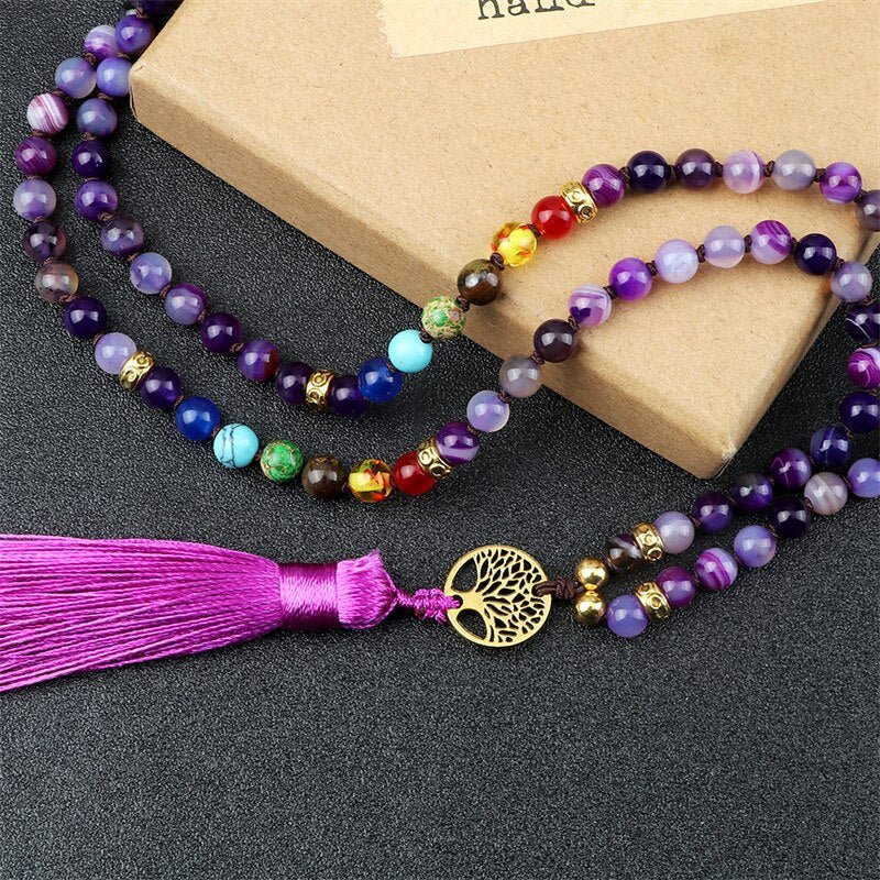 Knotted Japamala 108 - Natural Stones With Tassel - 7 Chakra Reiki