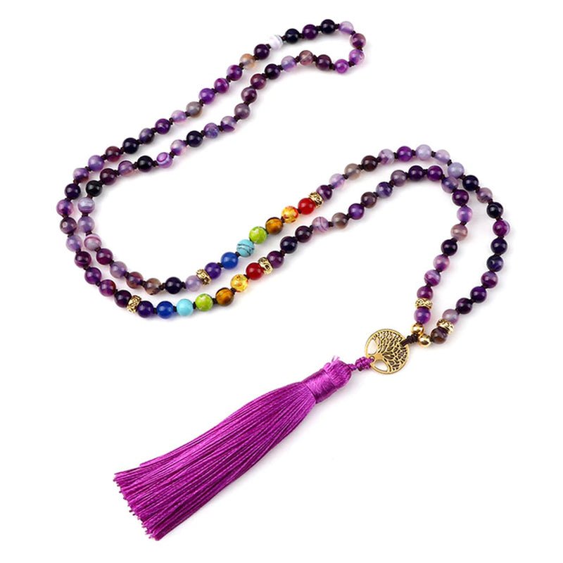 Knotted Japamala 108 - Natural Stones With Tassel - 7 Chakra Reiki