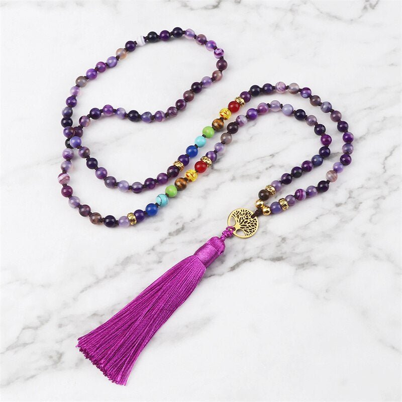 Knotted Japamala 108 - Natural Stones With Tassel - 7 Chakra Reiki