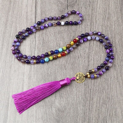 Knotted Japamala 108 - Natural Stones With Tassel - 7 Chakra Reiki