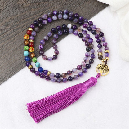 Knotted Japamala 108 - Natural Stones With Tassel - 7 Chakra Reiki