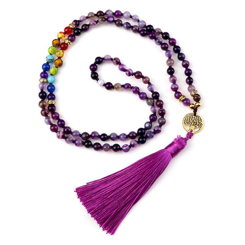 Knotted Japamala 108 - Natural Stones With Tassel - 7 Chakra Reiki