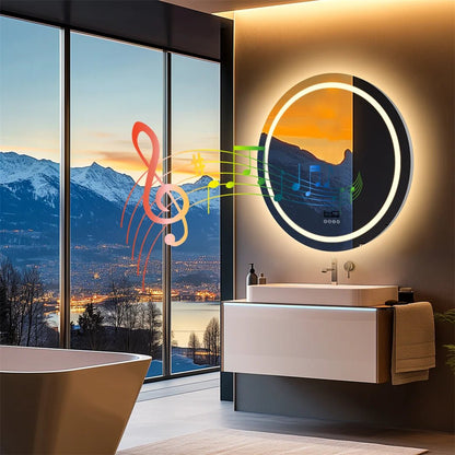 Round Bathroom Mirror with Dual Bluetooth Speakers Anti - Fog With Time Weather Display - Regal Allure