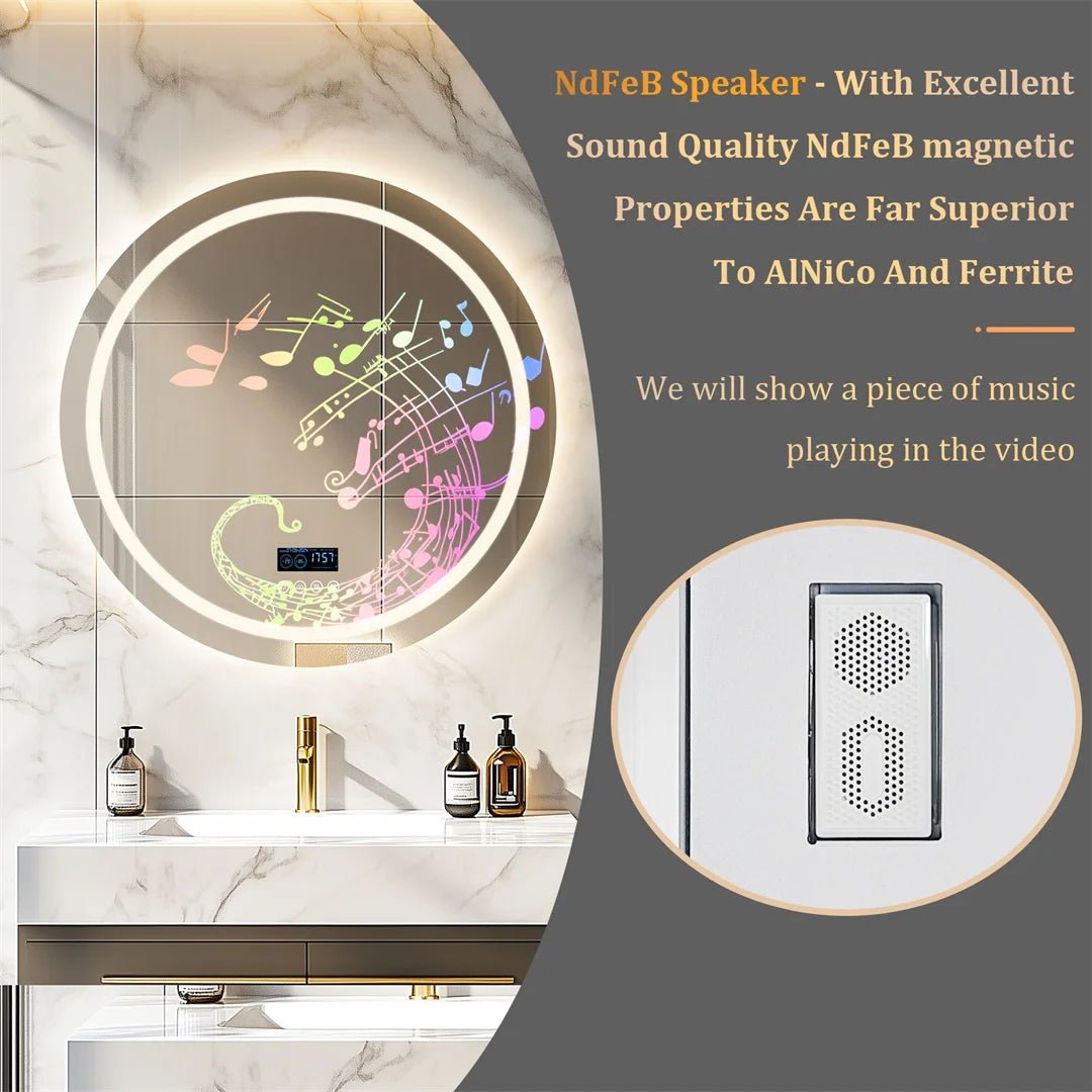 Round Bathroom Mirror with Dual Bluetooth Speakers Anti - Fog With Time Weather Display - Regal Allure