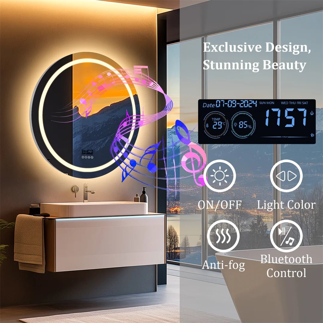 Round Bathroom Mirror with Dual Bluetooth Speakers Anti - Fog With Time Weather Display - Regal Allure