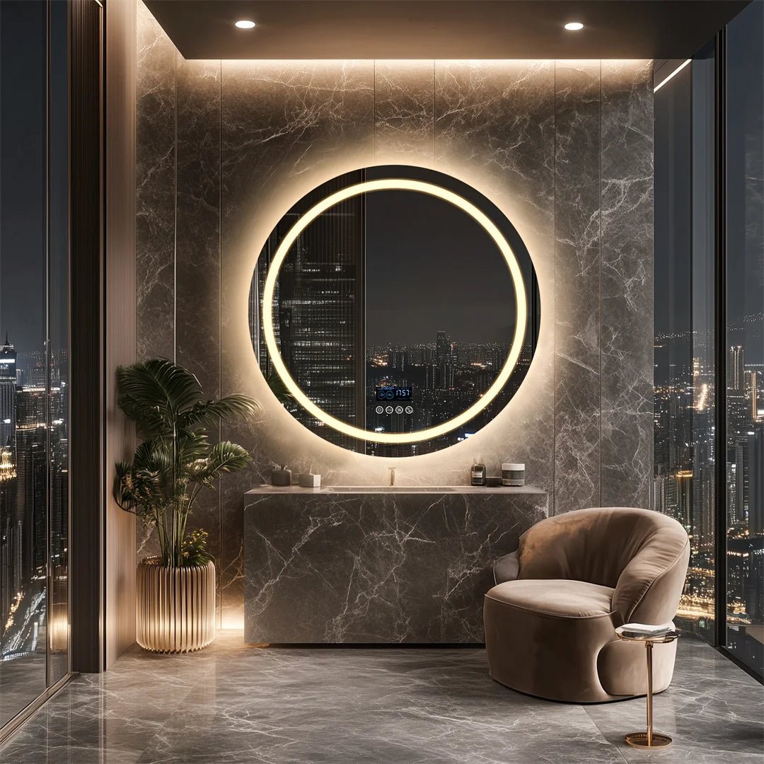 Round Bathroom Mirror with Dual Bluetooth Speakers Anti - Fog With Time Weather Display - Regal Allure