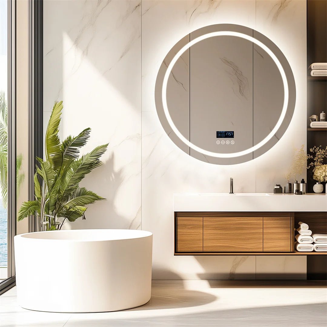 Round Bathroom Mirror with Dual Bluetooth Speakers Anti - Fog With Time Weather Display - Regal Allure