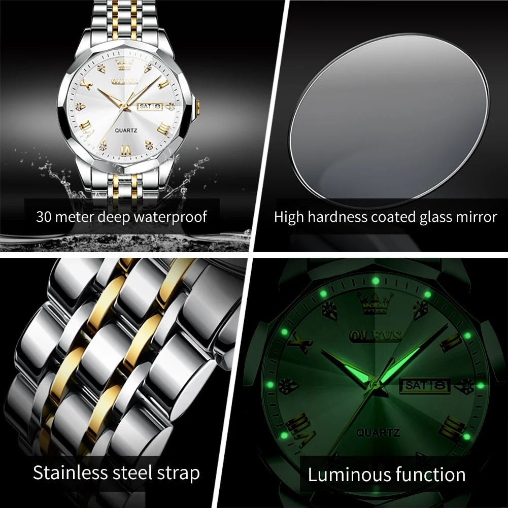 Stainless Steel Men Watches Waterproof 30m - Luxury Quartz Clock Luminous